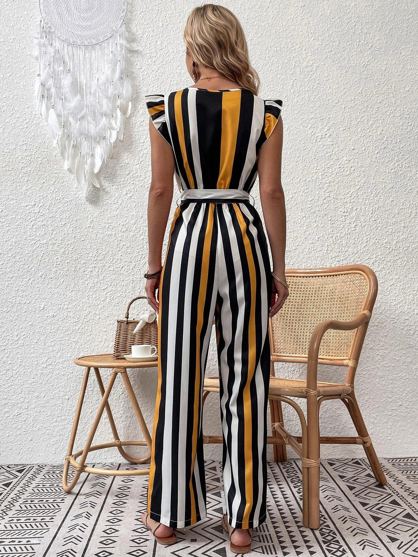 Ruffle Trim Striped Jumpsuit With Belt-Comfy Jumpsuits