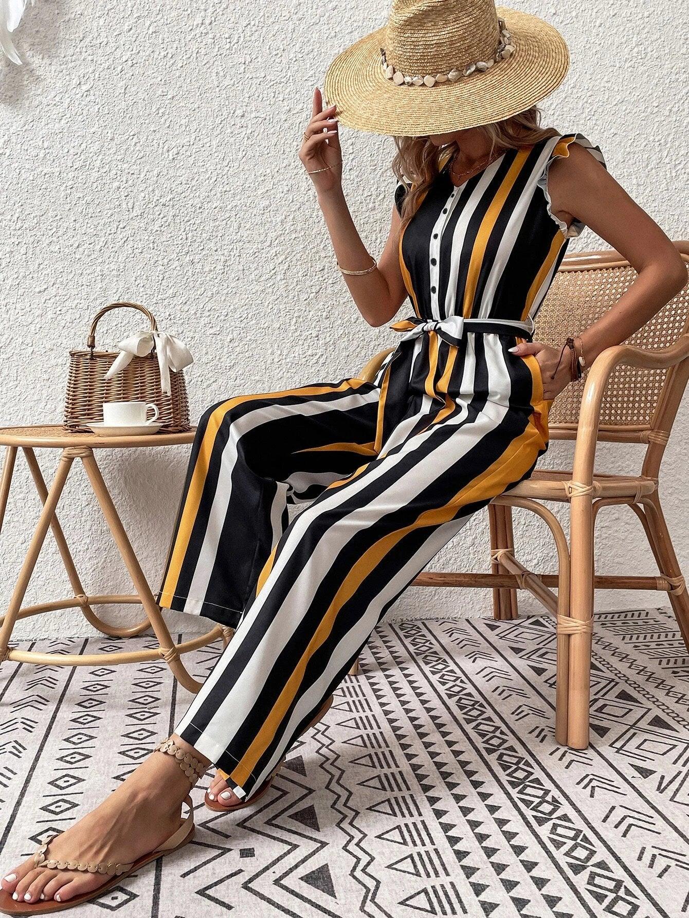 Ruffle Trim Striped Jumpsuit With Belt-Comfy Jumpsuits