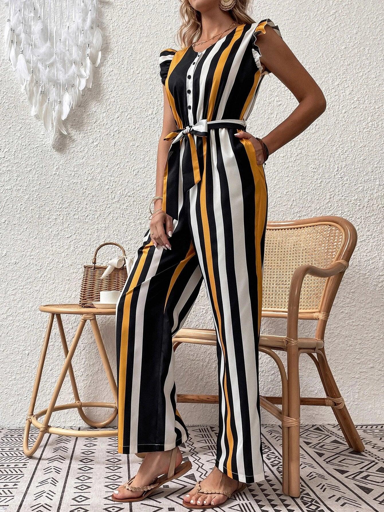 Ruffle Trim Striped Jumpsuit With Belt-Comfy Jumpsuits