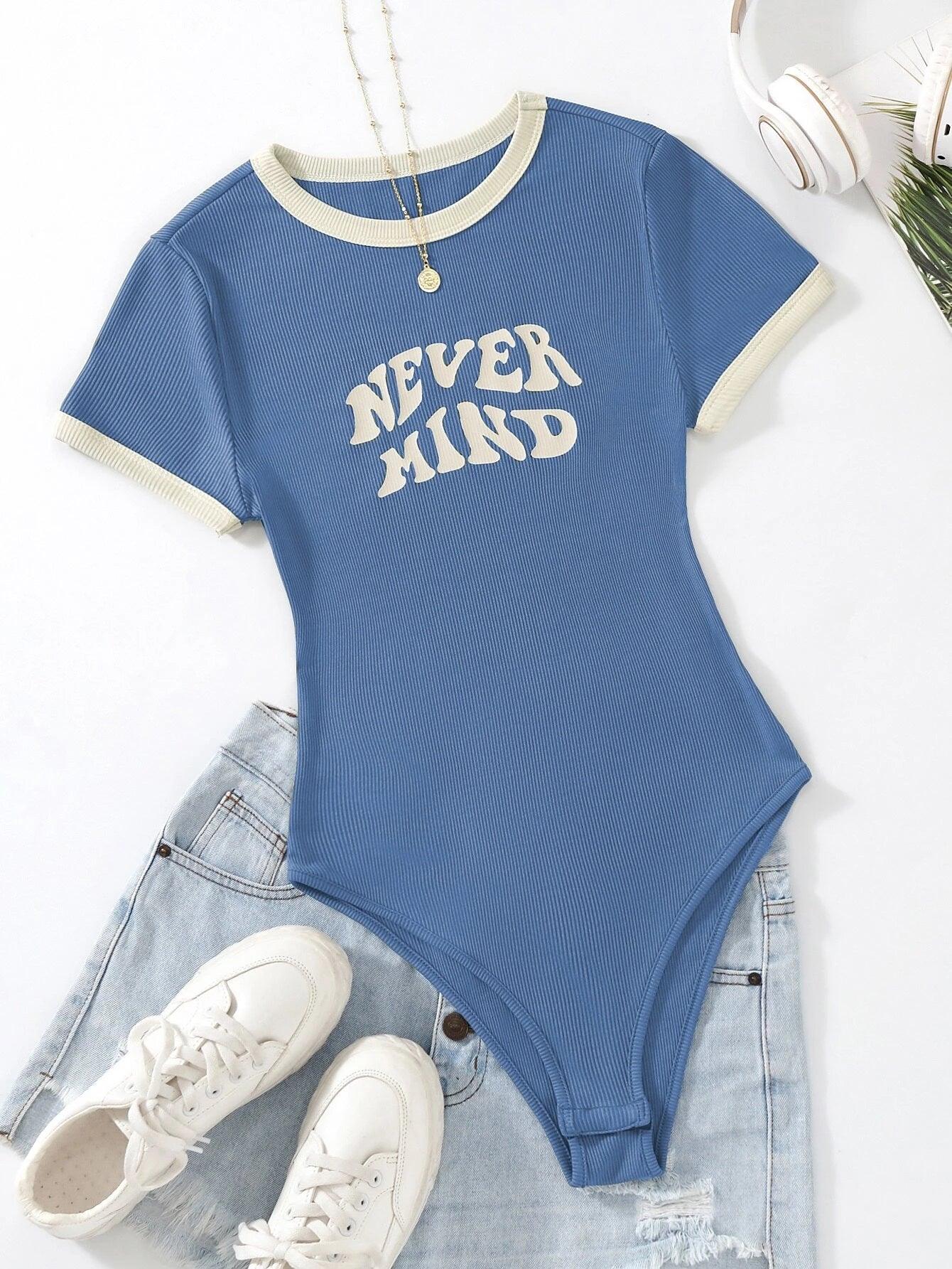 Slogan Graphic Contrast Trim Bodysuit-Comfy Jumpsuits