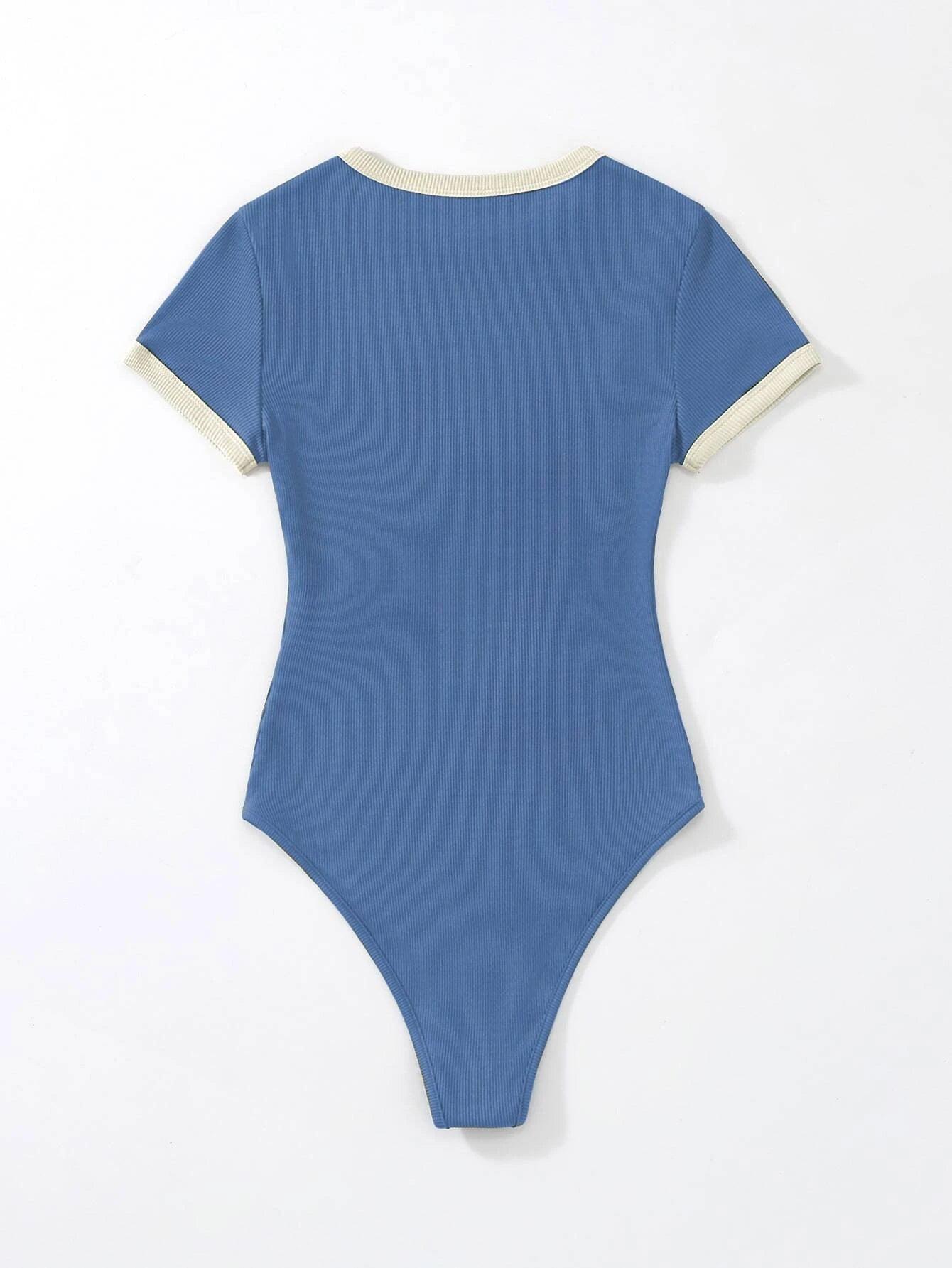 Slogan Graphic Contrast Trim Bodysuit-Comfy Jumpsuits