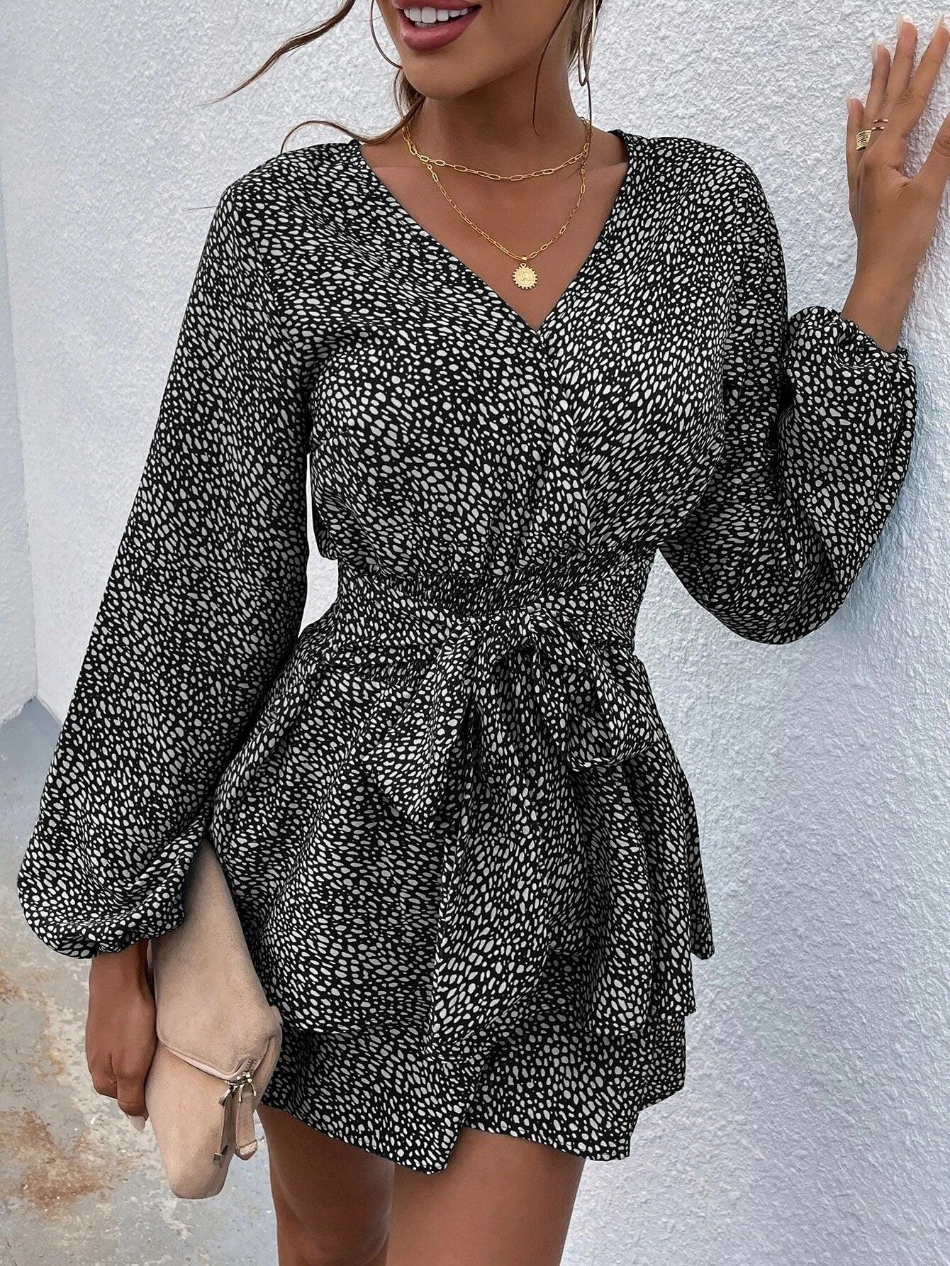 Print Lantern Sleeve Layered Hem Belted Romper-Comfy Jumpsuits