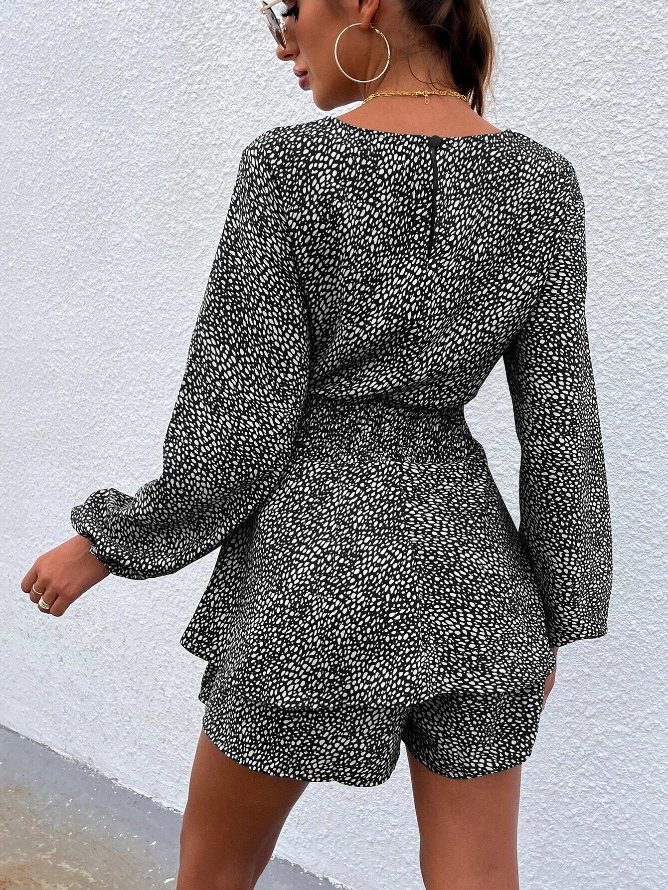 Print Lantern Sleeve Layered Hem Belted Romper-Comfy Jumpsuits