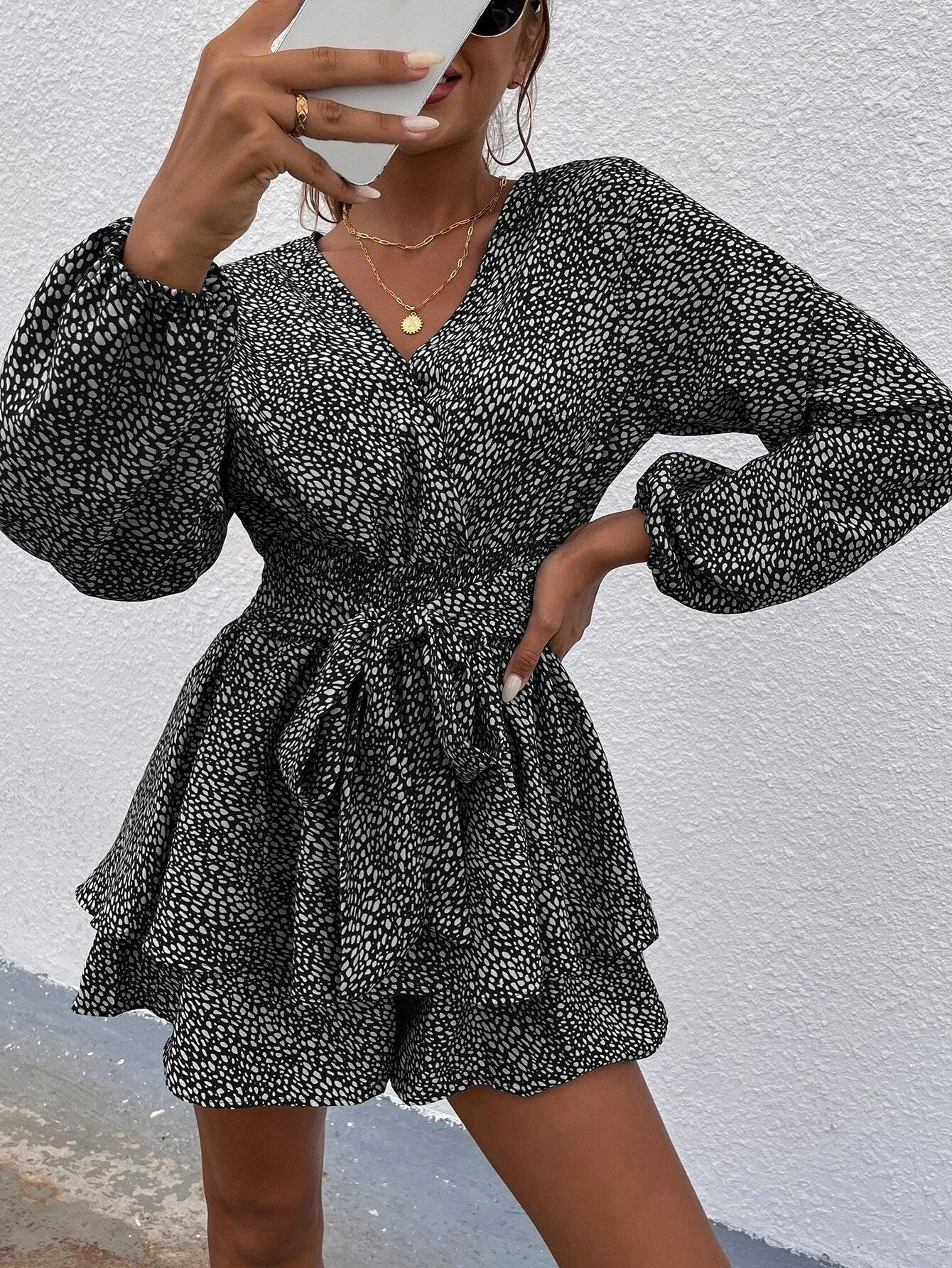 Print Lantern Sleeve Layered Hem Belted Romper-Comfy Jumpsuits