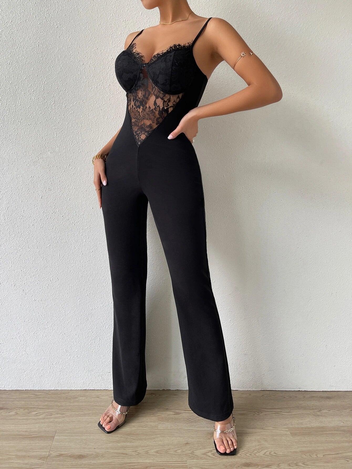 Lace Insert Cami Unitard Jumpsuit-Comfy Jumpsuits