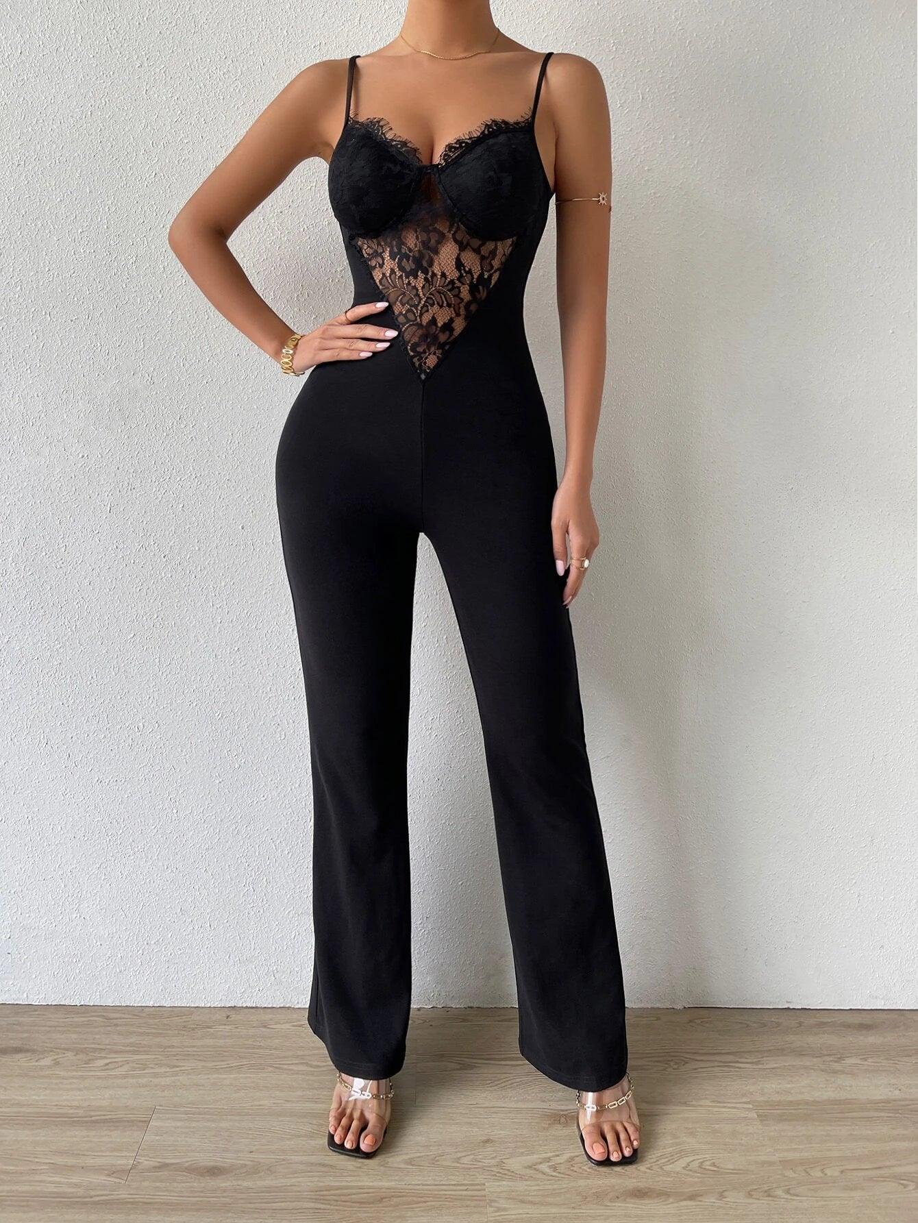 Lace Insert Cami Unitard Jumpsuit-Comfy Jumpsuits