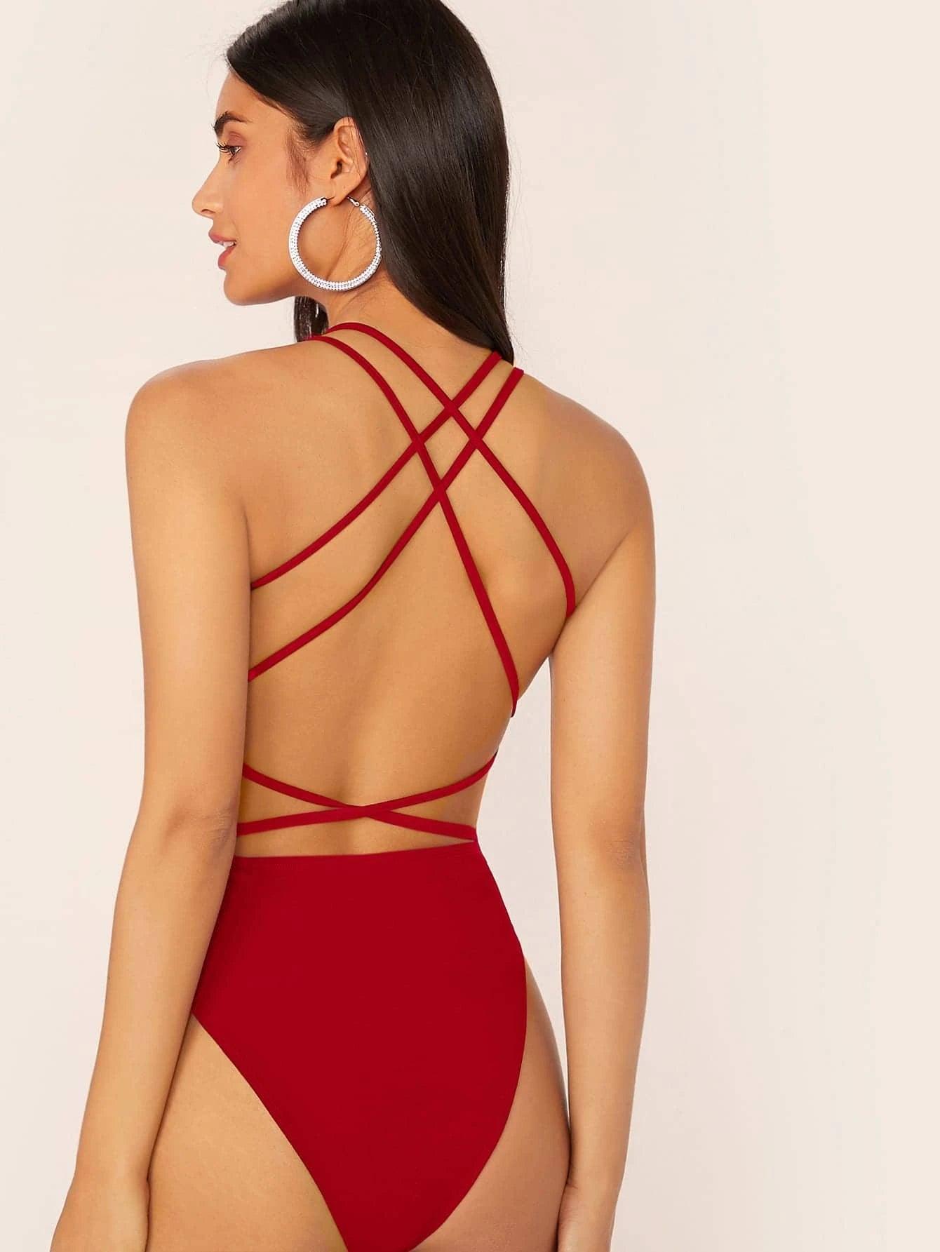 Criss-Cross Backless Skinny Bodysuit-Comfy Jumpsuits