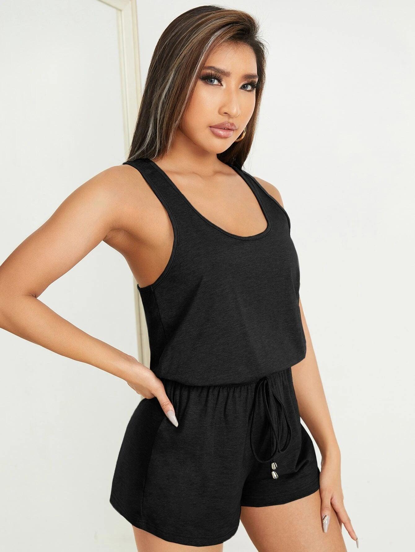 Solid Drawstring Waist Tank Romper-Comfy Jumpsuits