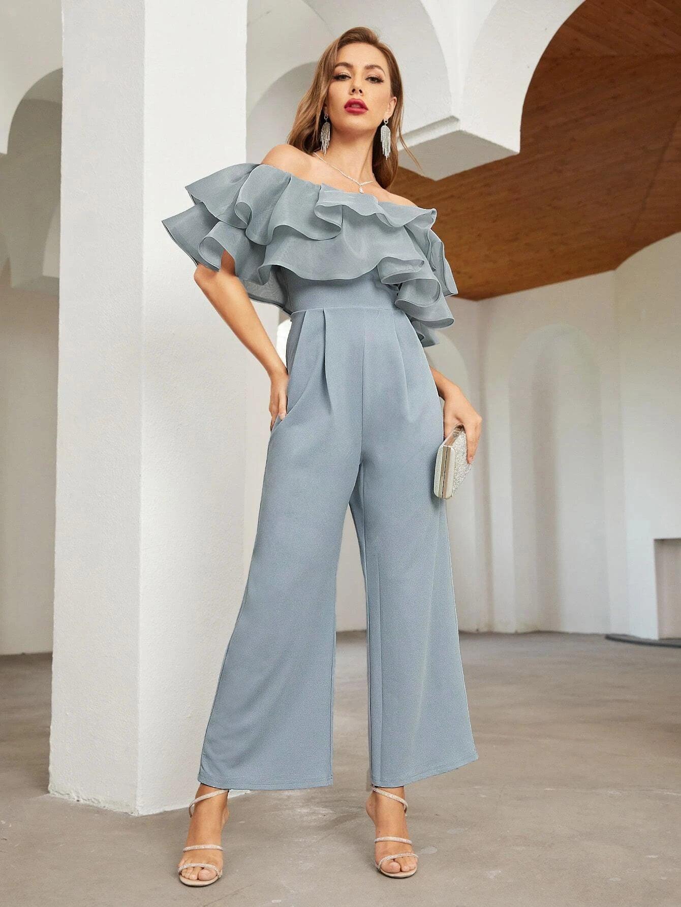 Off Shoulder Layered Ruffle Detail Palazzo Jumpsuit-Comfy Jumpsuits