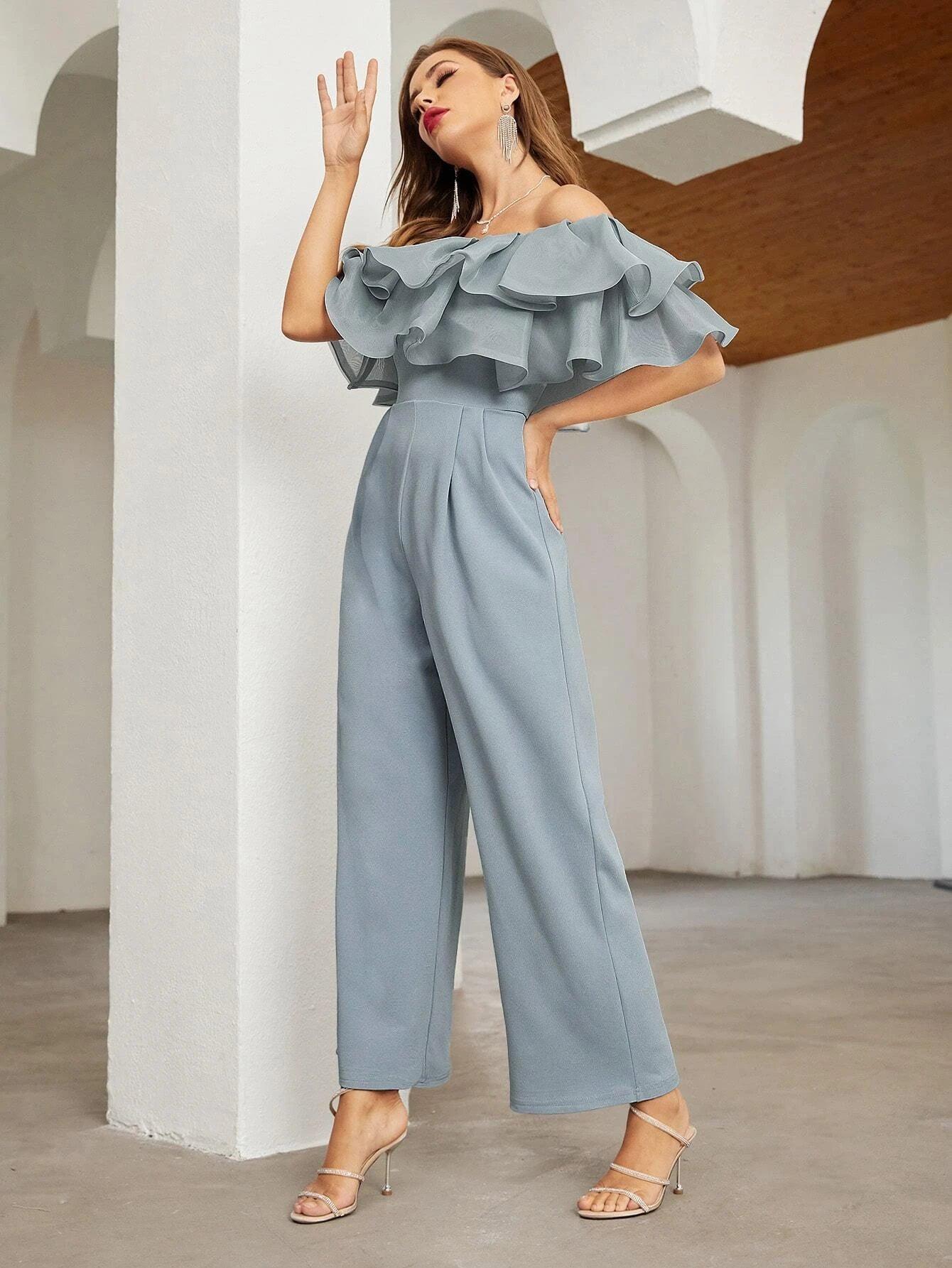 Off Shoulder Layered Ruffle Detail Palazzo Jumpsuit-Comfy Jumpsuits