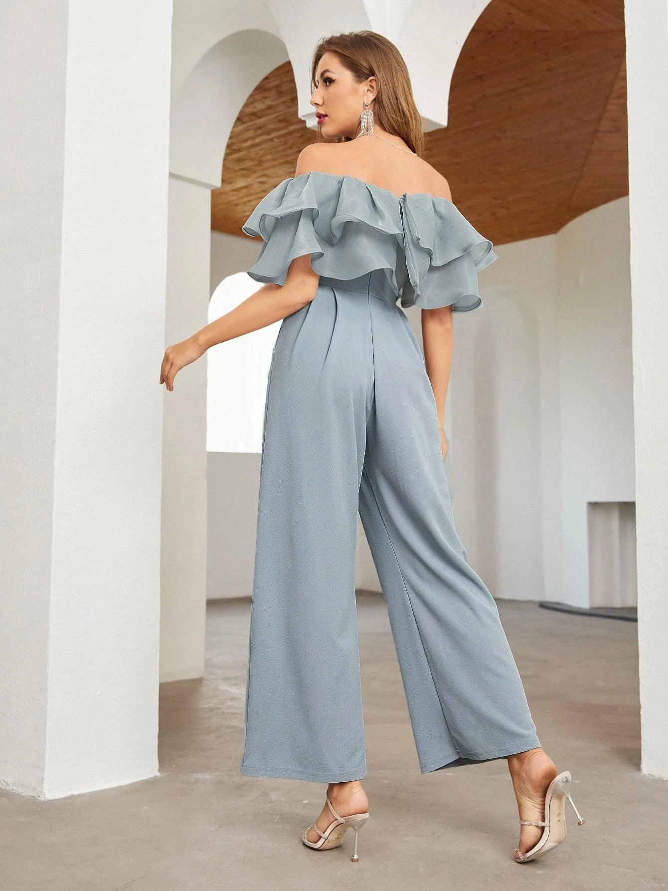 Off Shoulder Layered Ruffle Detail Palazzo Jumpsuit-Comfy Jumpsuits