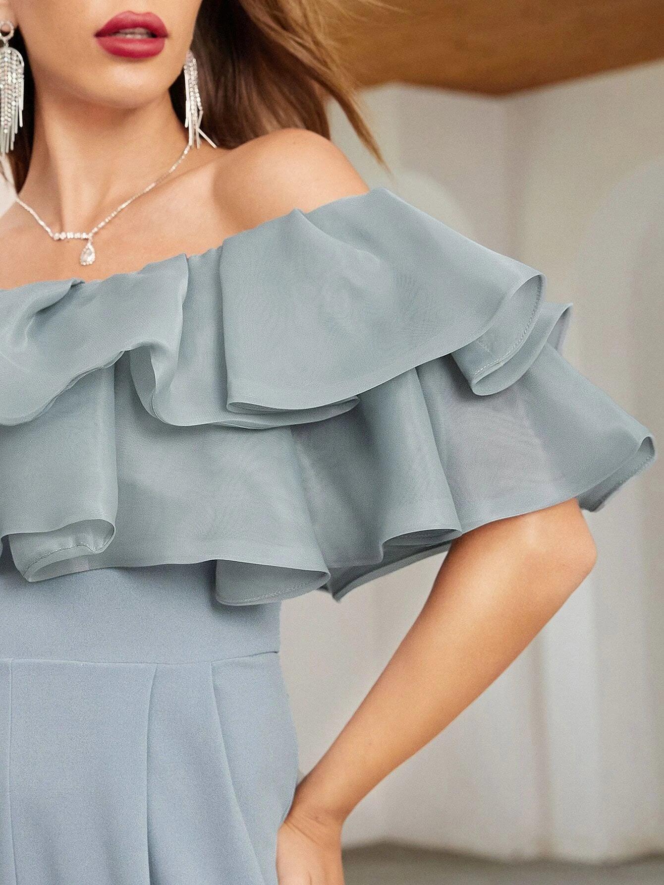 Off Shoulder Layered Ruffle Detail Palazzo Jumpsuit-Comfy Jumpsuits