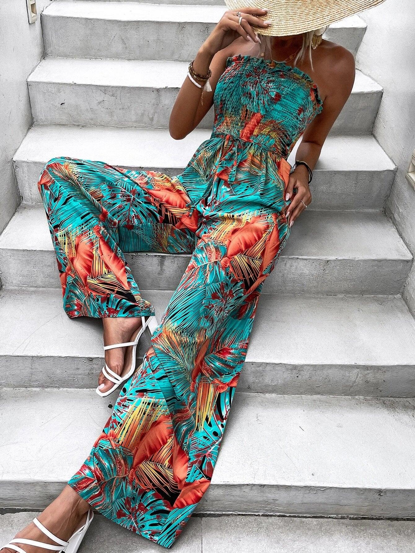 Tropical Print Shirred Frill Trim Belted Tube Jumpsuit-Comfy Jumpsuits