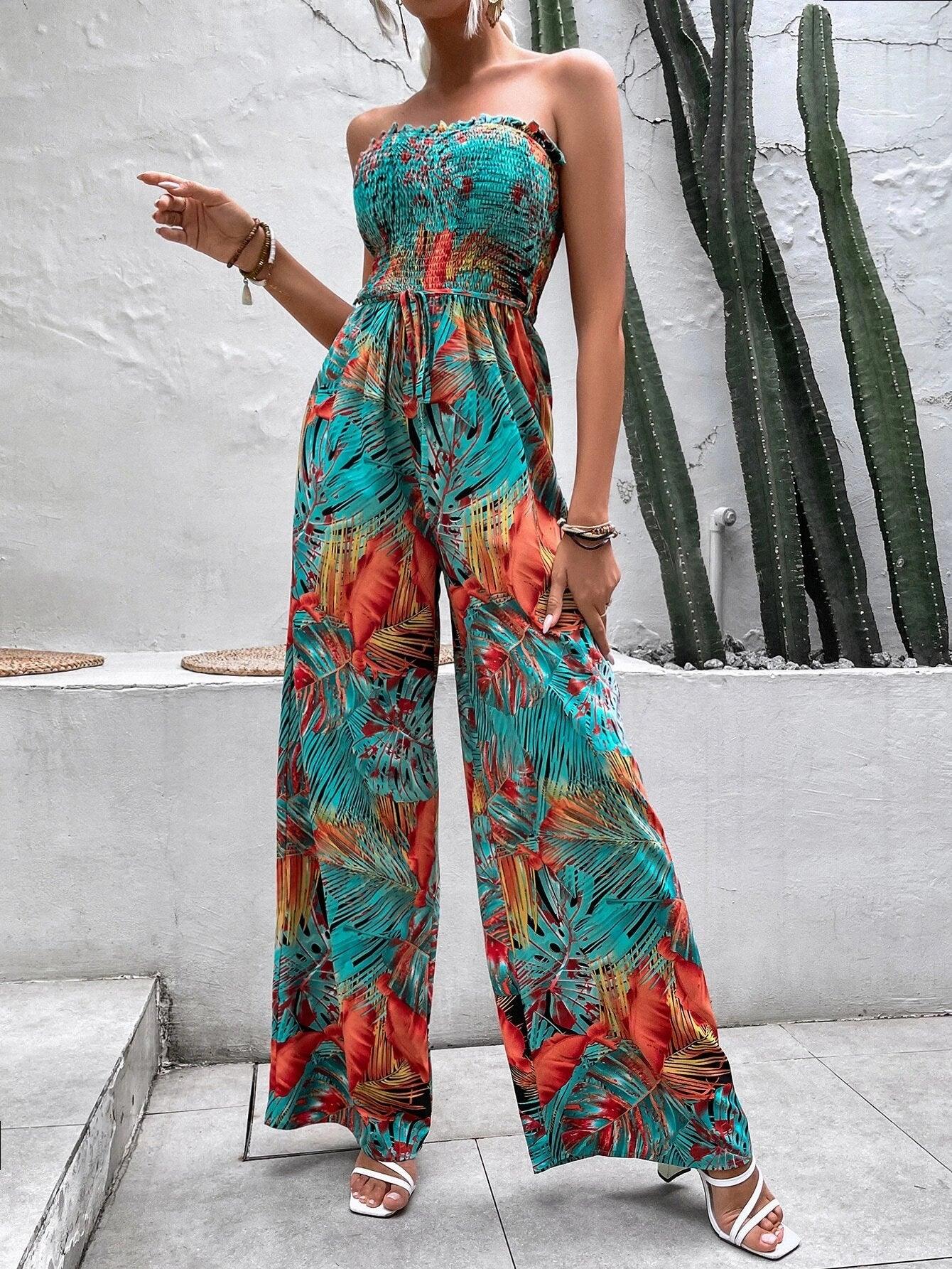 Tropical Print Shirred Frill Trim Belted Tube Jumpsuit-Comfy Jumpsuits
