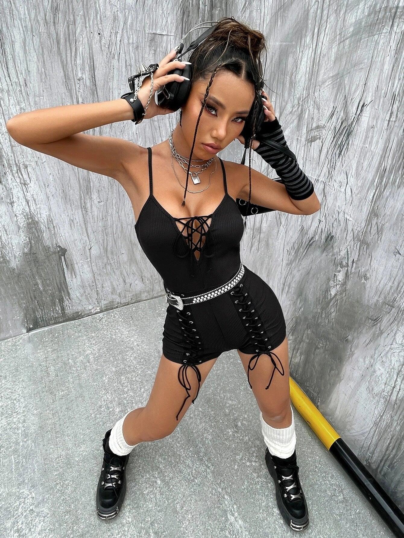 Lace Up Front Cami Unitard Romper Without Belt-Comfy Jumpsuits