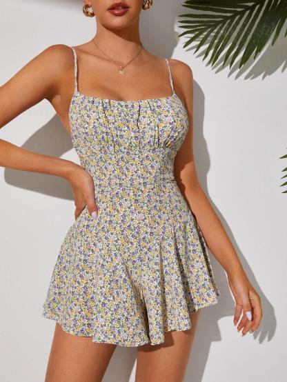 Floral Print Ruched Jumpsuit-Comfy Jumpsuits