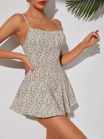 Floral Print Ruched Jumpsuit-Comfy Jumpsuits