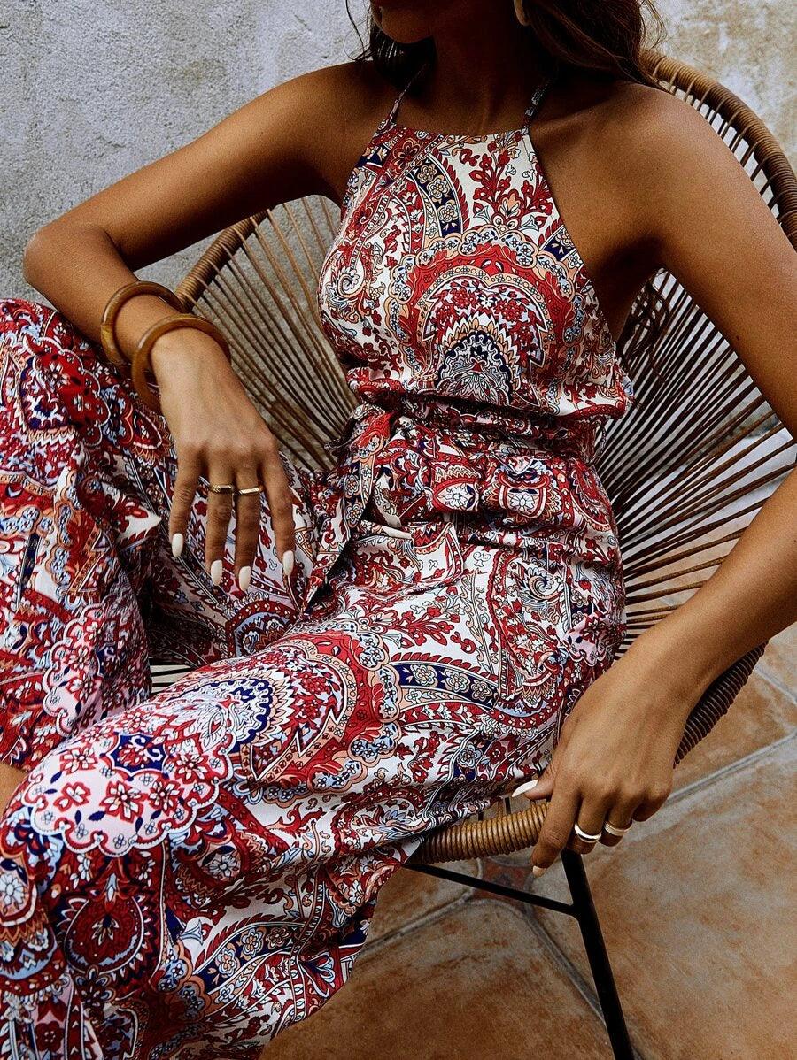 Floral & Paisley Print Tie Backless Belted Halter Jumpsuit-Comfy Jumpsuits