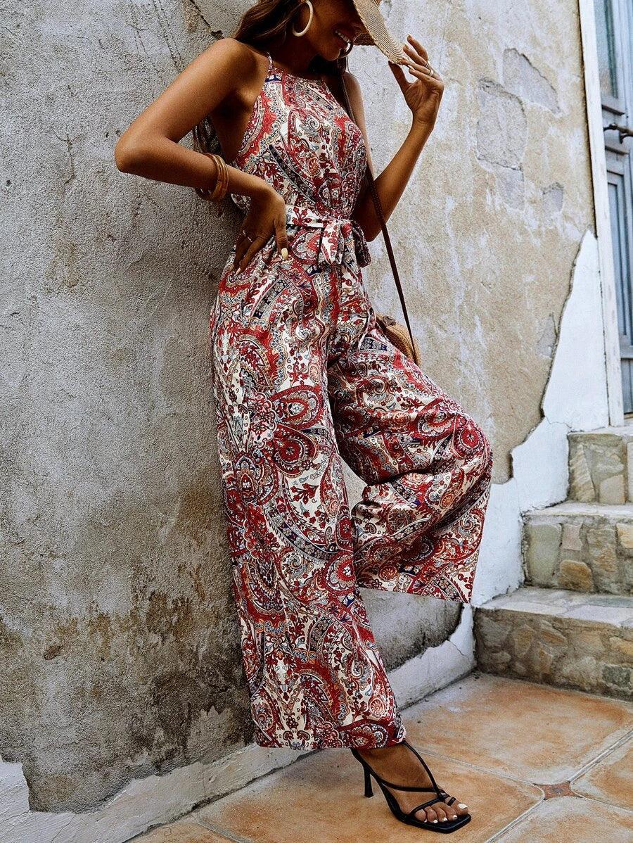 Floral & Paisley Print Tie Backless Belted Halter Jumpsuit-Comfy Jumpsuits