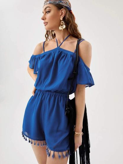 Cold Shoulder Tassel Trim Chiffon Romper-Comfy Jumpsuits