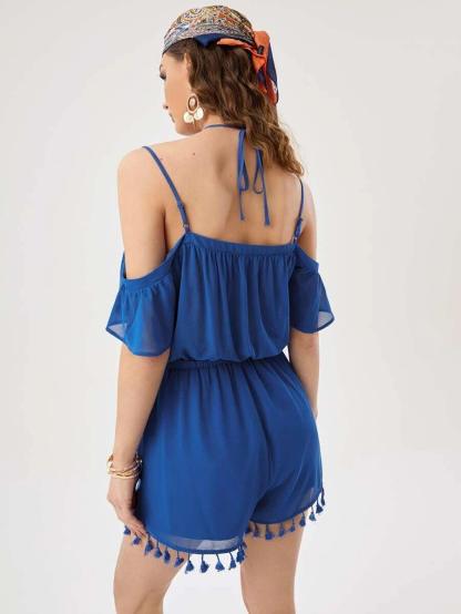 Cold Shoulder Tassel Trim Chiffon Romper-Comfy Jumpsuits