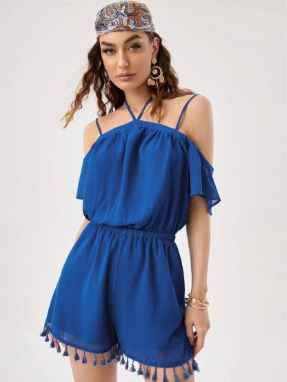 Cold Shoulder Tassel Trim Chiffon Romper-Comfy Jumpsuits
