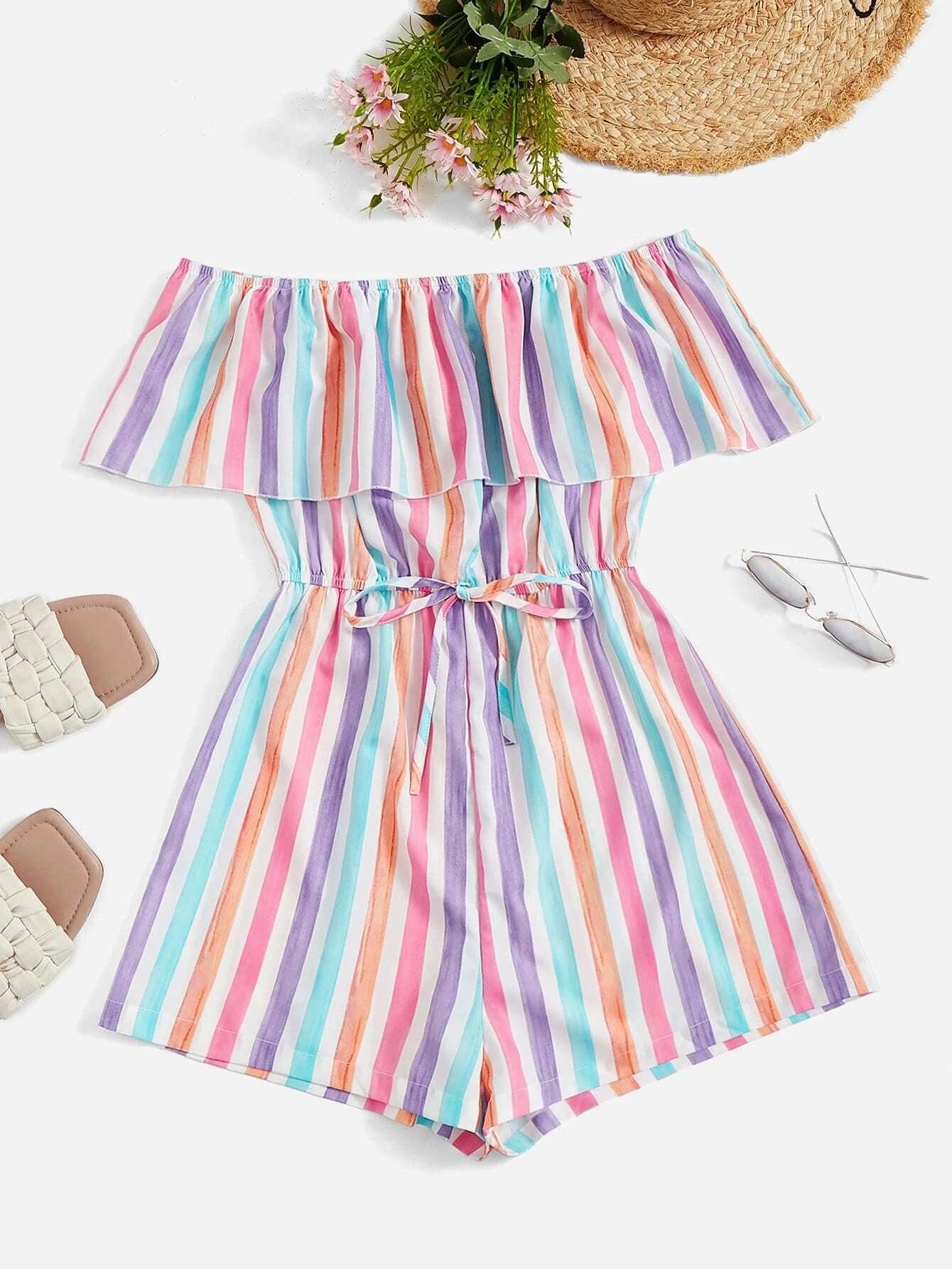 Colorful Striped Off Shoulder Ruffle Trim Tie Front Romper-Comfy Jumpsuits