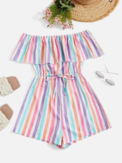 Colorful Striped Off Shoulder Ruffle Trim Tie Front Romper-Comfy Jumpsuits