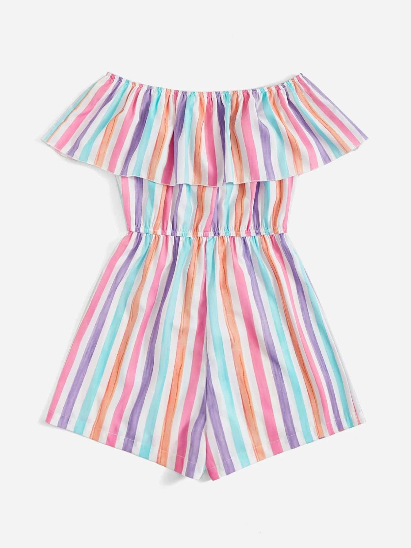 Colorful Striped Off Shoulder Ruffle Trim Tie Front Romper-Comfy Jumpsuits