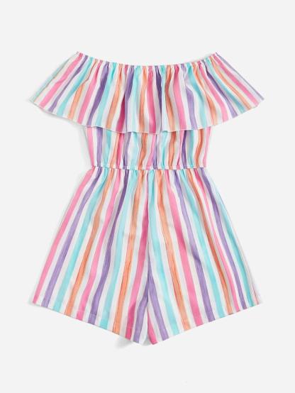 Colorful Striped Off Shoulder Ruffle Trim Tie Front Romper-Comfy Jumpsuits