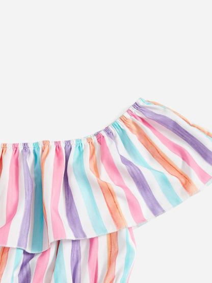 Colorful Striped Off Shoulder Ruffle Trim Tie Front Romper-Comfy Jumpsuits
