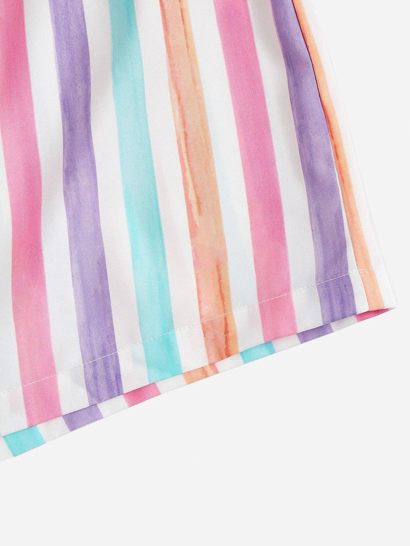 Colorful Striped Off Shoulder Ruffle Trim Tie Front Romper-Comfy Jumpsuits