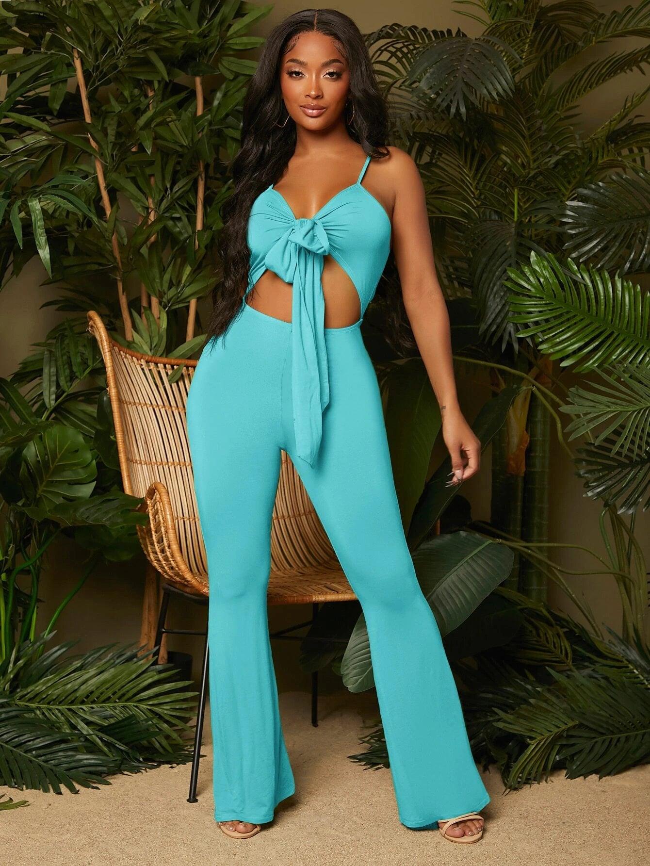 Solid Coloured Knot Front Cami Jumpsuit-Comfy Jumpsuits