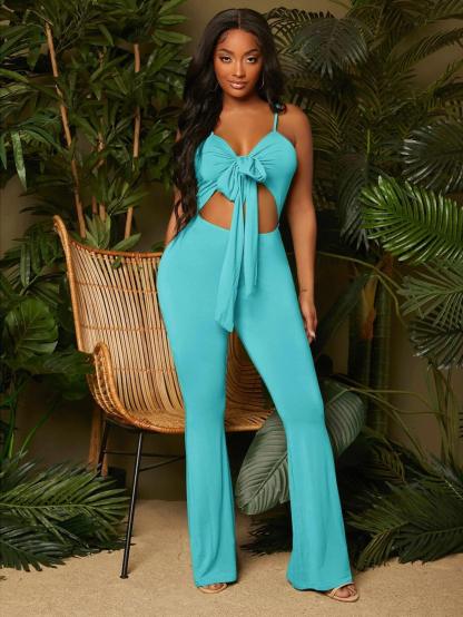 Solid Coloured Knot Front Cami Jumpsuit-Comfy Jumpsuits
