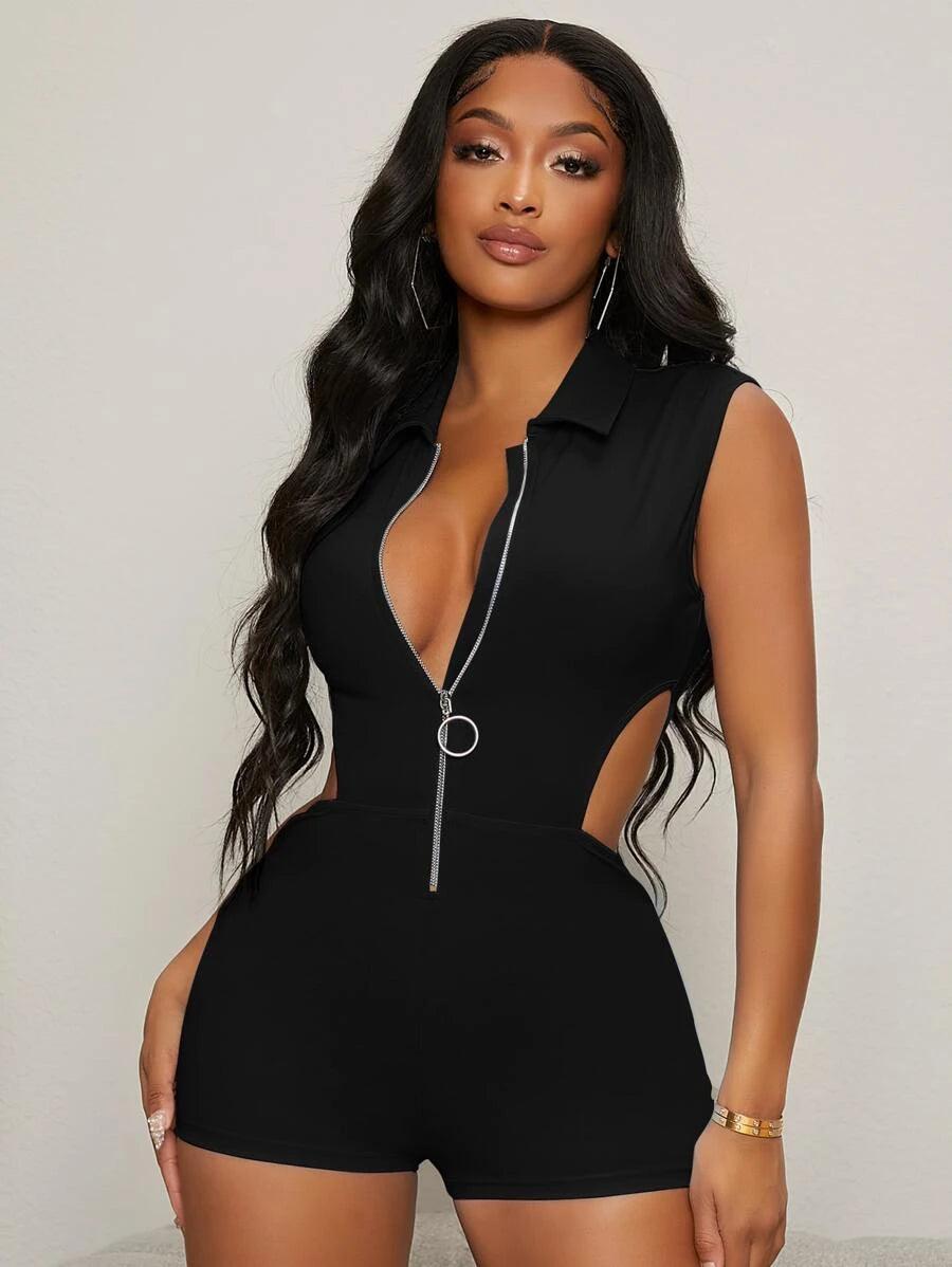 Zipper Front Cutout Unitard Romper-Comfy Jumpsuits