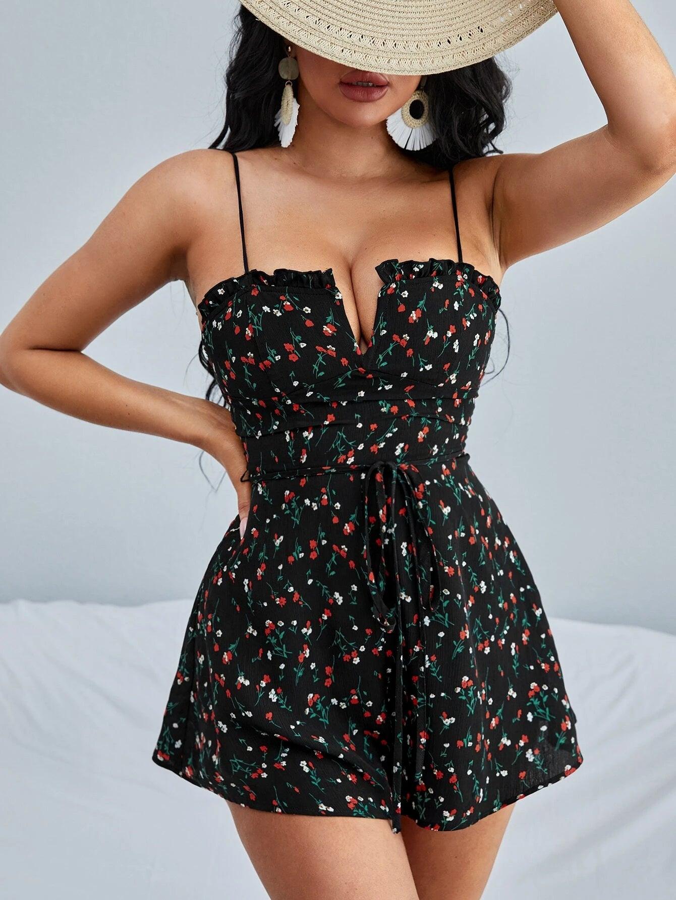 Floral Print V Wired Frill Trim Belted Cami Romper-Comfy Jumpsuits