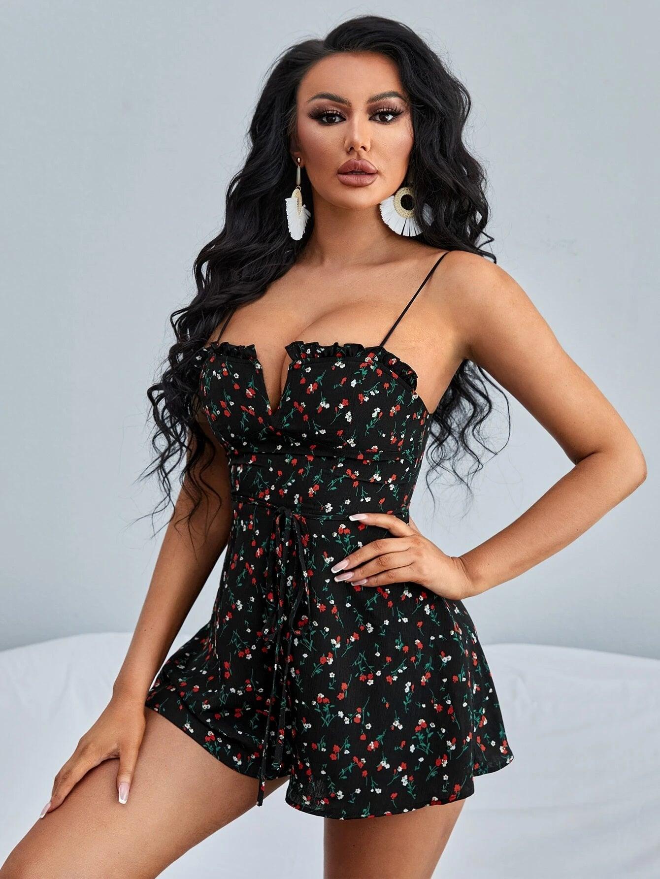 Floral Print V Wired Frill Trim Belted Cami Romper-Comfy Jumpsuits