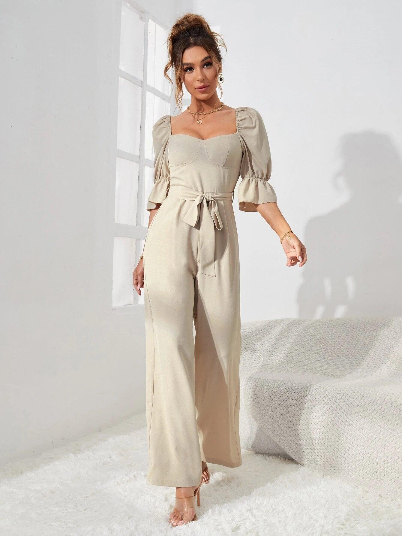 Half Sleeve Belted Wide Leg Jumpsuit-Comfy Jumpsuits