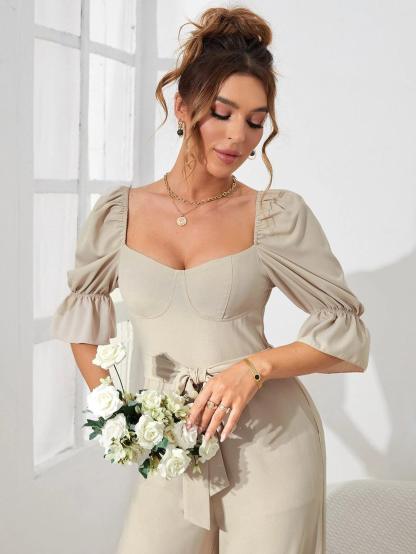 Half Sleeve Belted Wide Leg Jumpsuit-Comfy Jumpsuits