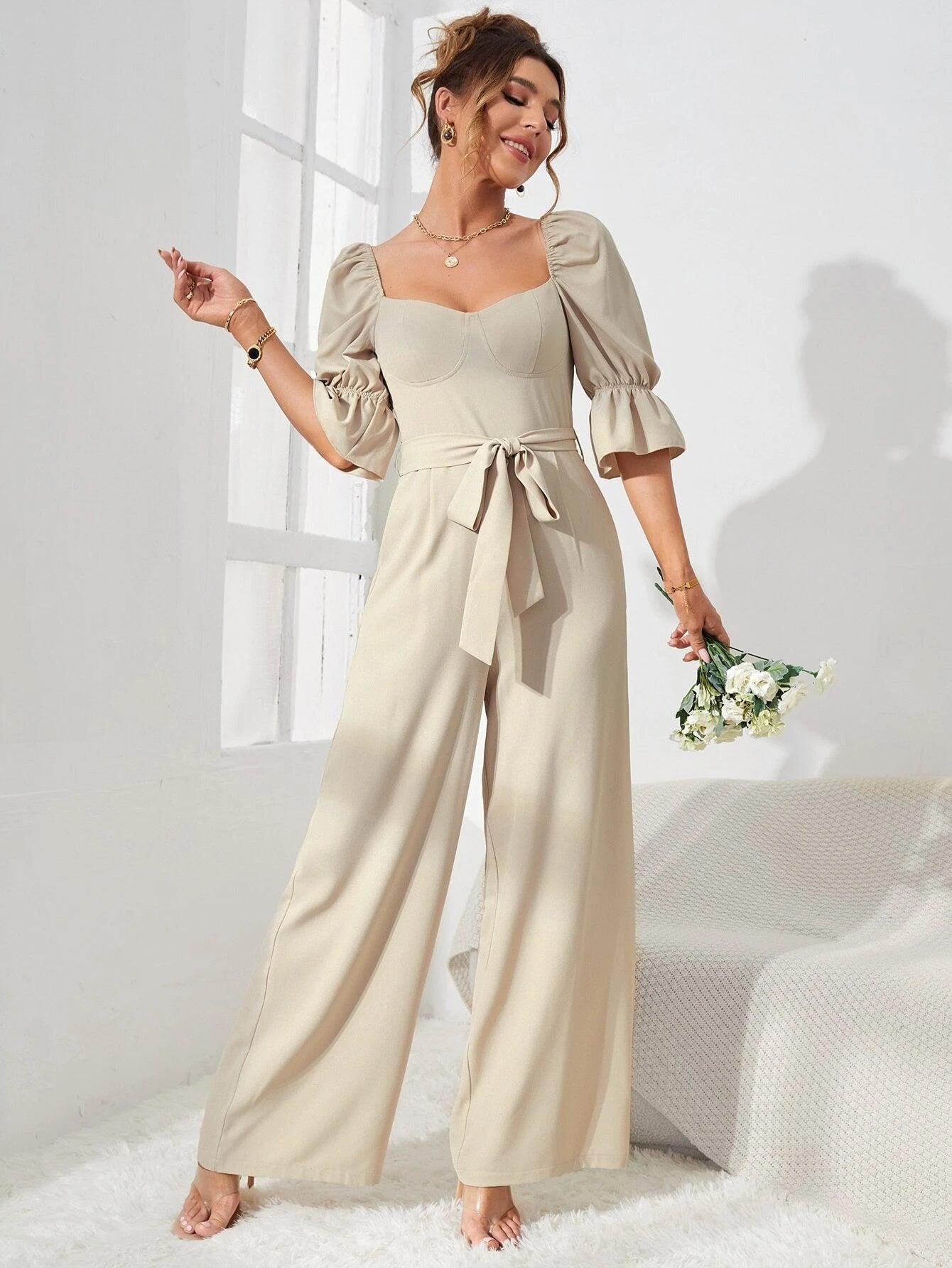 Half Sleeve Belted Wide Leg Jumpsuit-Comfy Jumpsuits