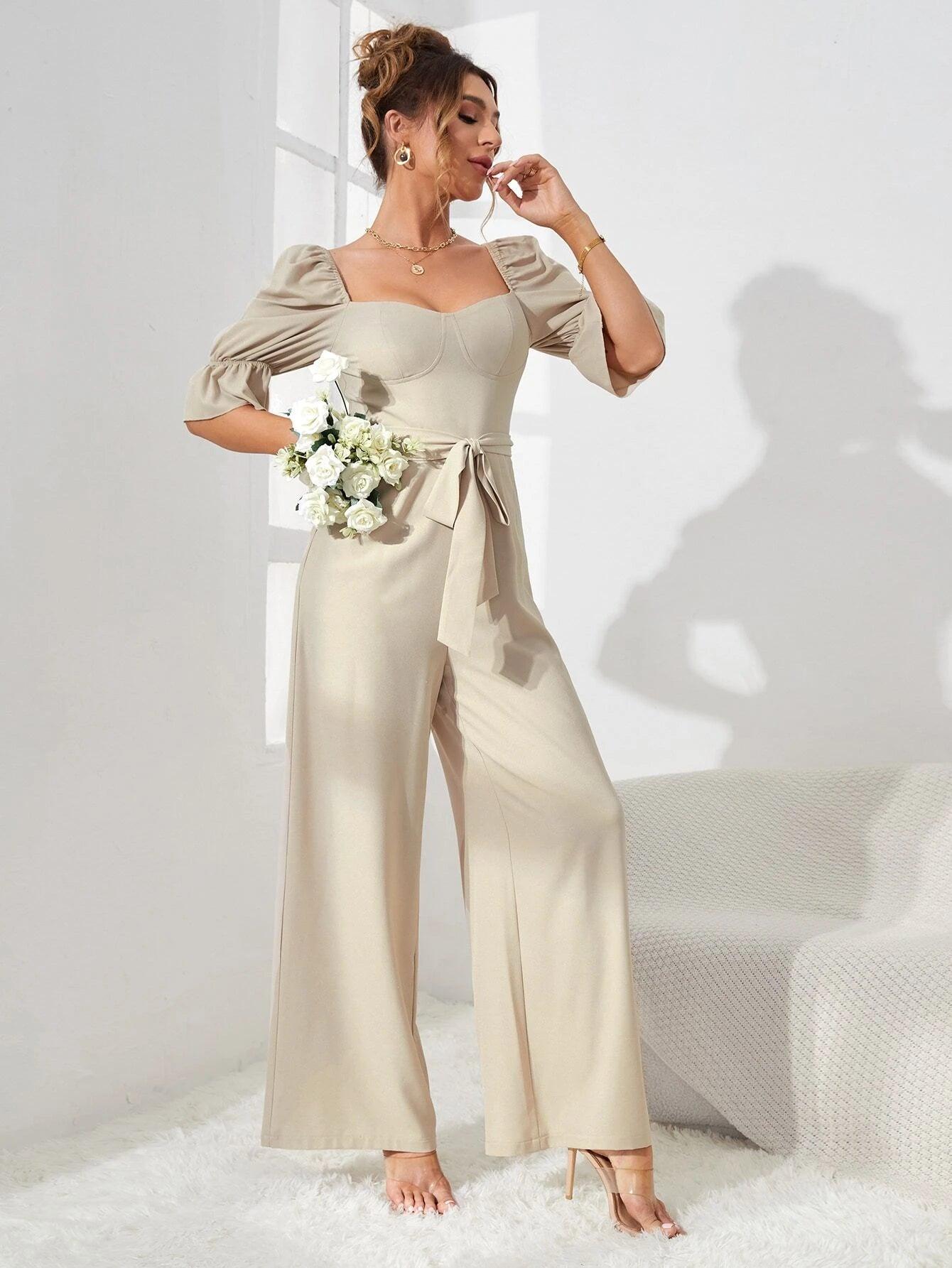 Half Sleeve Belted Wide Leg Jumpsuit-Comfy Jumpsuits