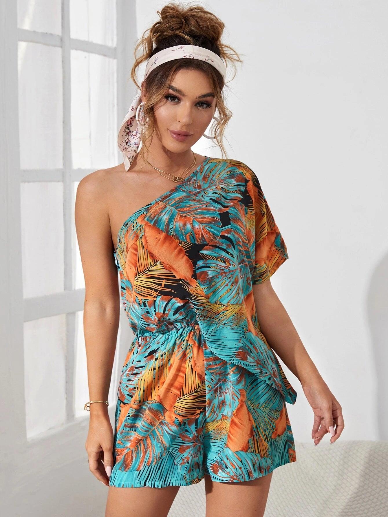 Tropical Pattern Batwing Sleeve Romper-Comfy Jumpsuits