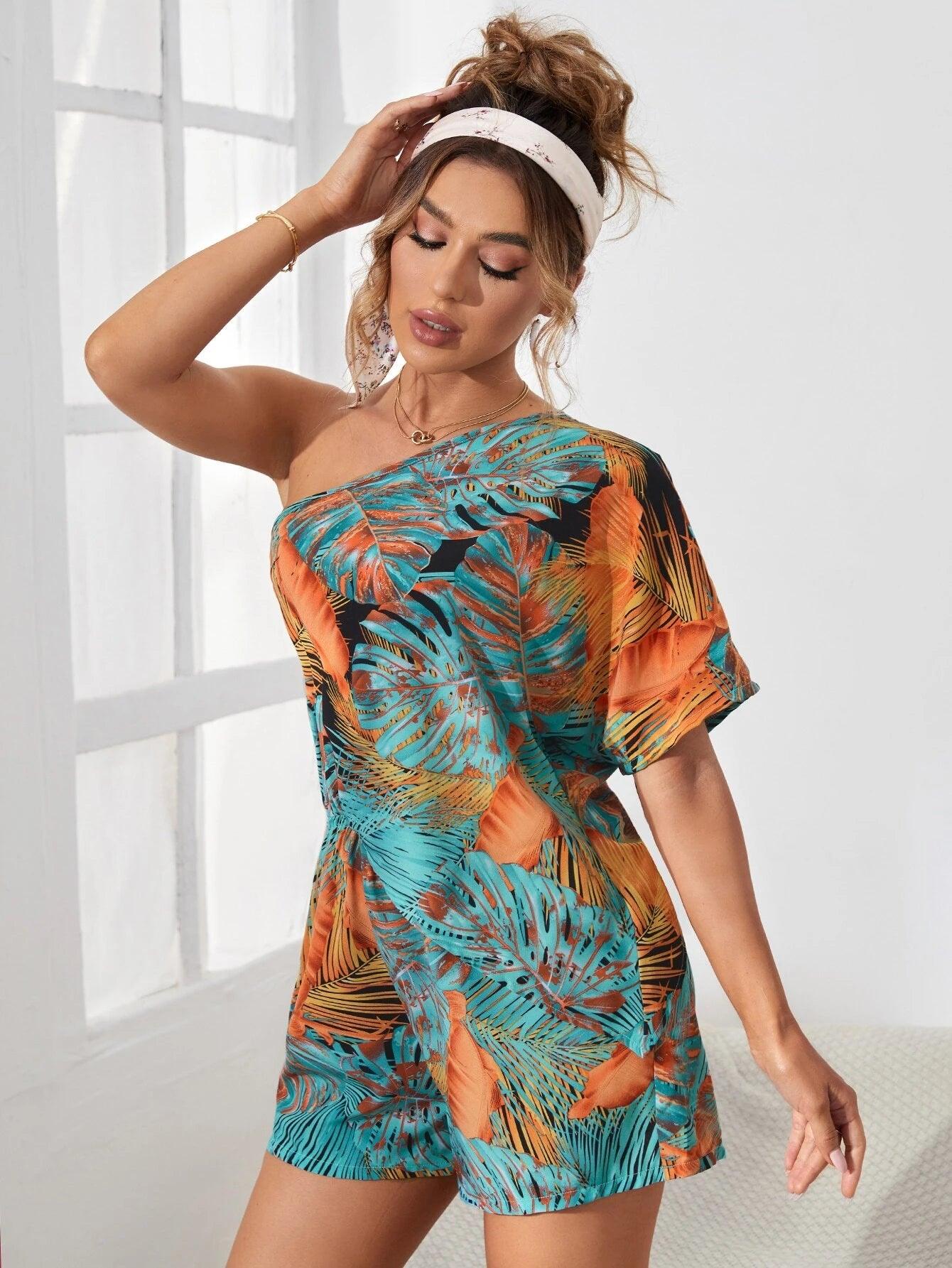 Tropical Pattern Batwing Sleeve Romper-Comfy Jumpsuits