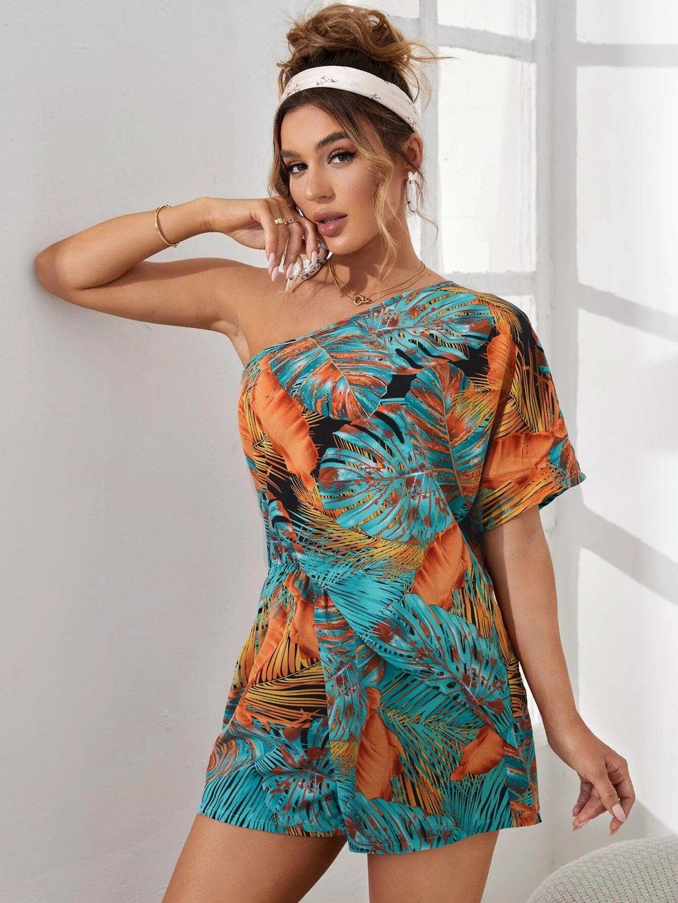Tropical Pattern Batwing Sleeve Romper-Comfy Jumpsuits
