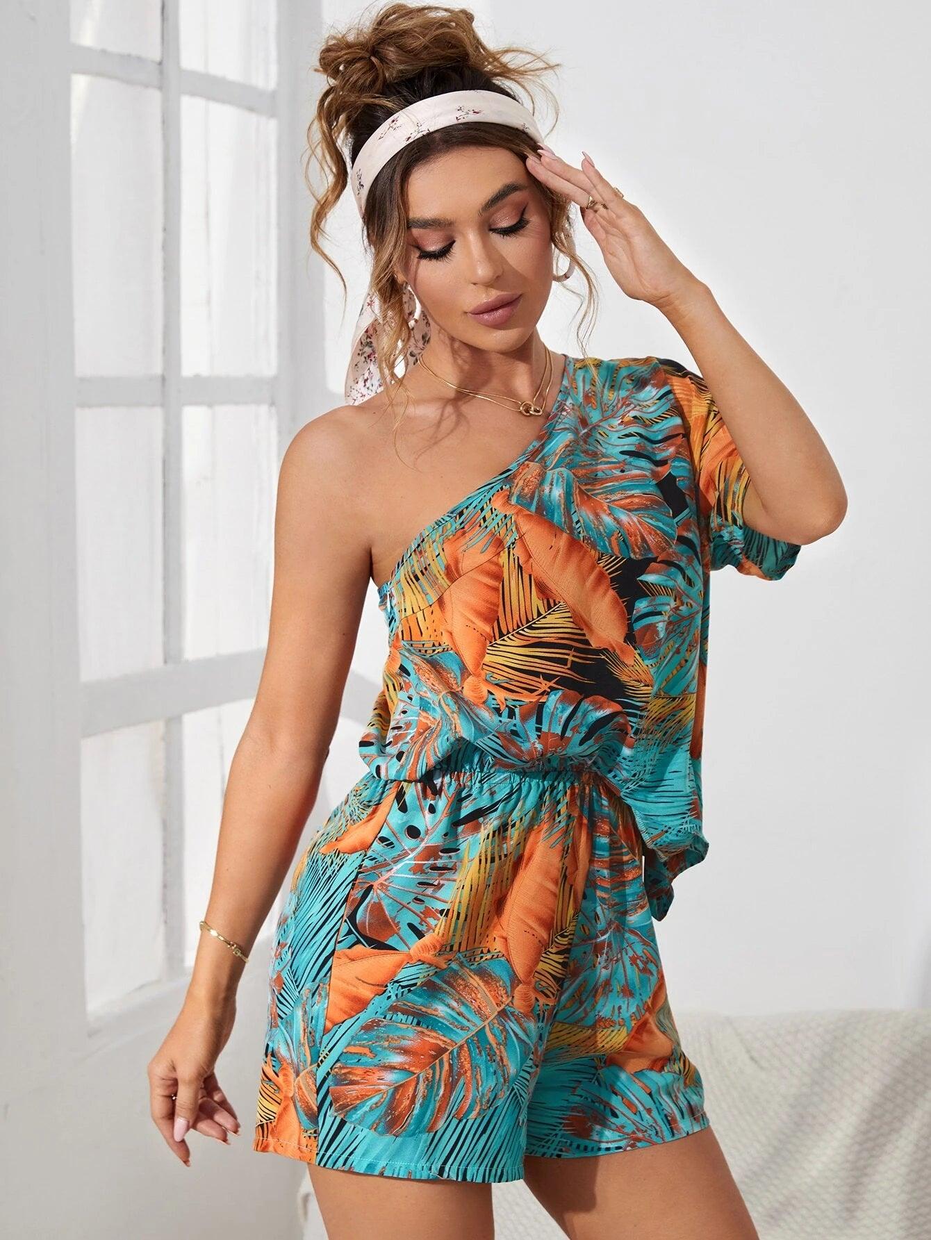 Tropical Pattern Batwing Sleeve Romper-Comfy Jumpsuits