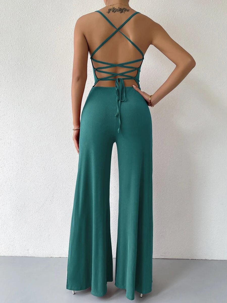 Lace Up Tied Backless Wide Leg Jumpsuit-Comfy Jumpsuits