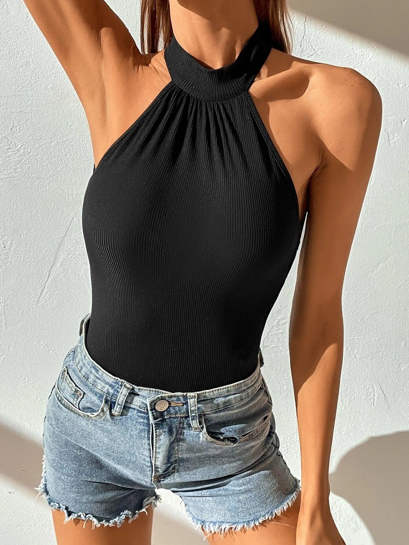 Rib Knit Contrast Lace Backless Bodysuit-Comfy Jumpsuits