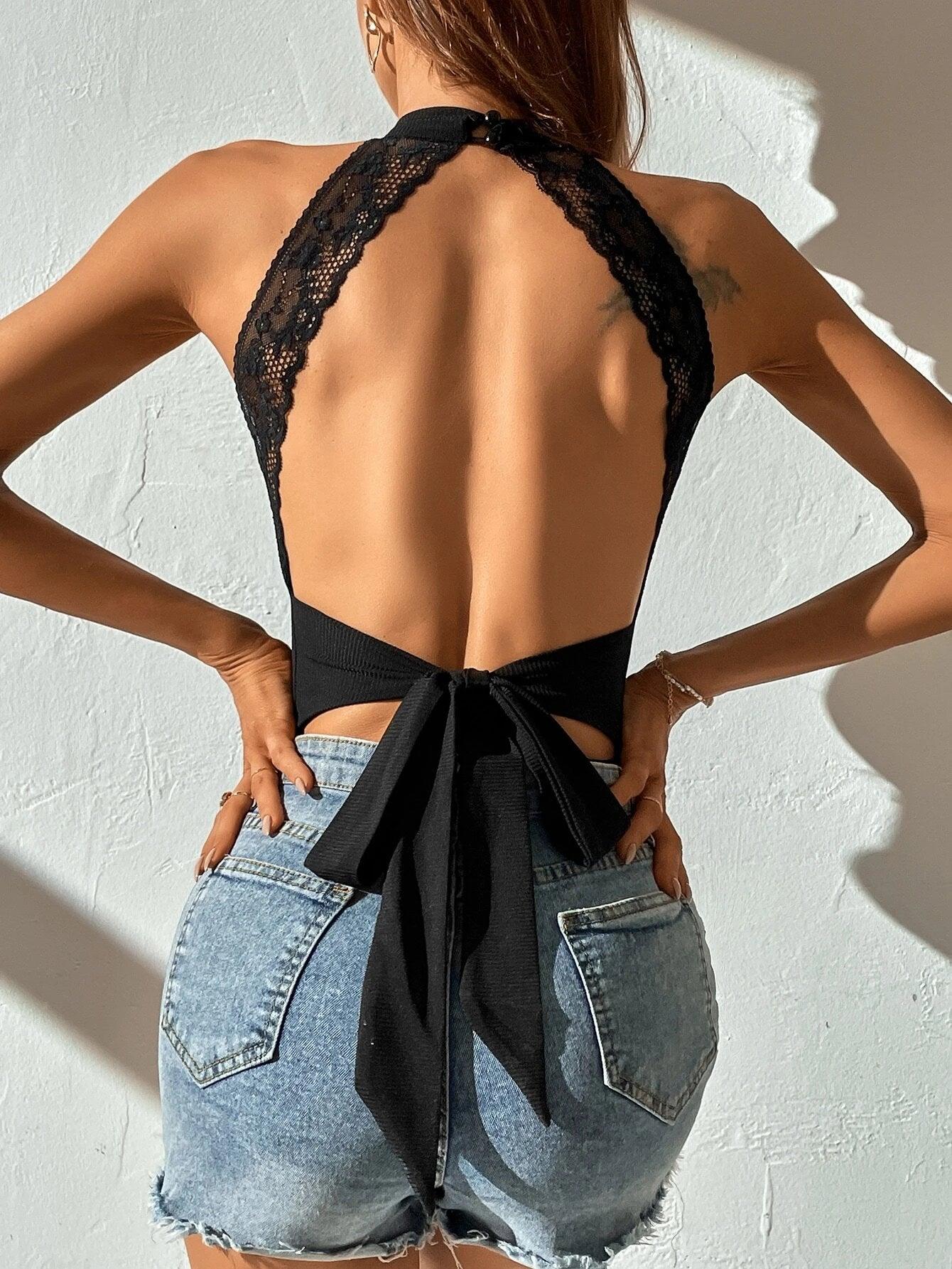 Rib Knit Contrast Lace Backless Bodysuit-Comfy Jumpsuits