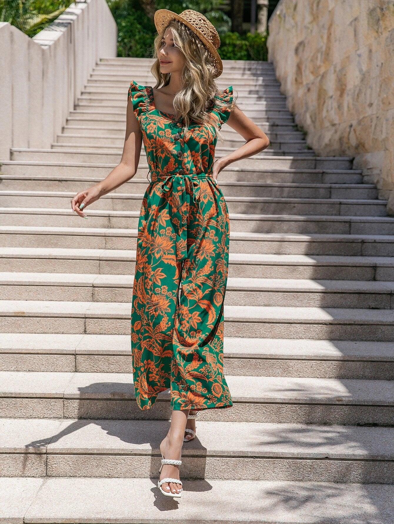 Floral Print Ruffle Trim Belted Jumpsuit-Comfy Jumpsuits