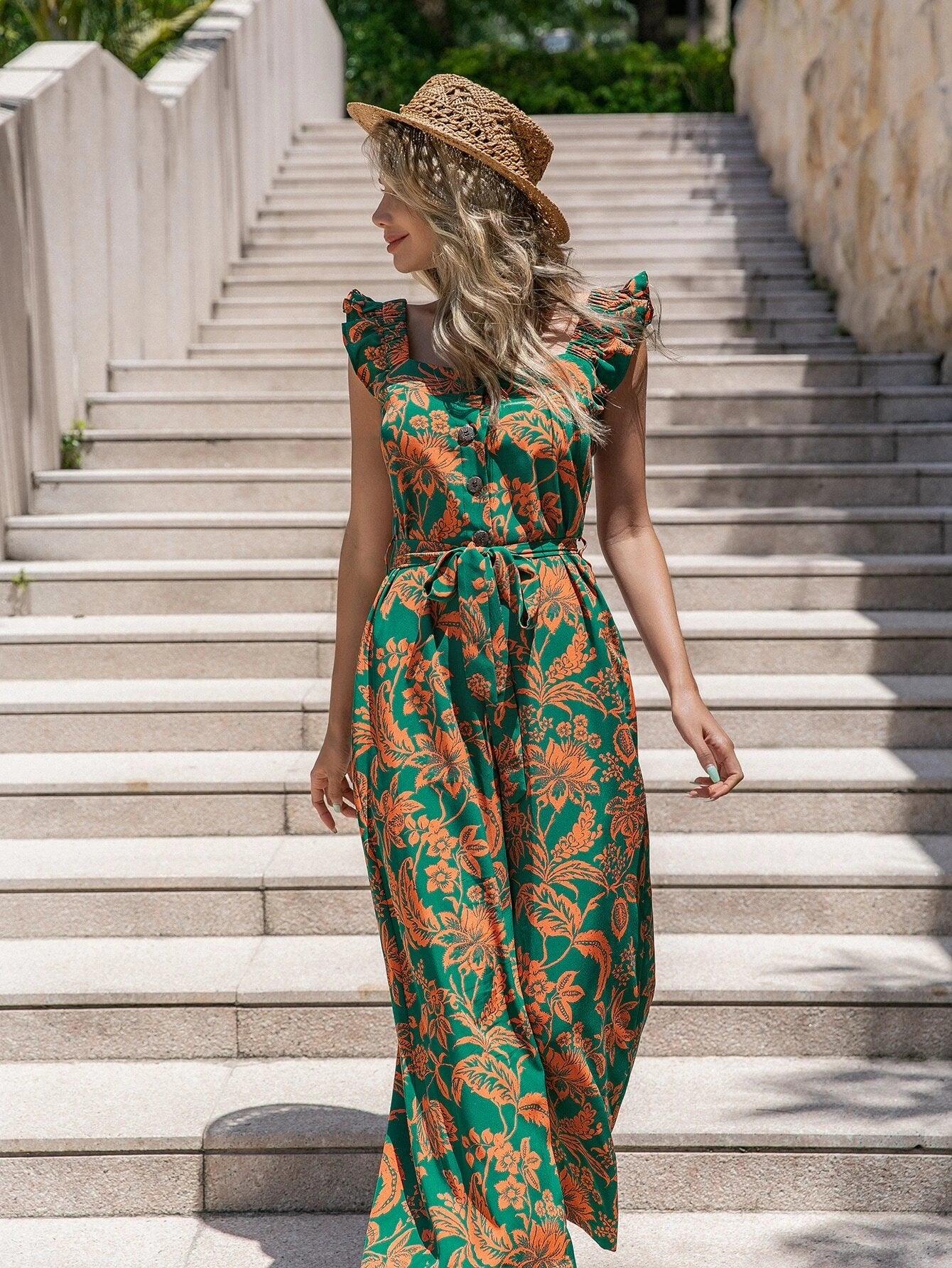 Floral Print Ruffle Trim Belted Jumpsuit-Comfy Jumpsuits